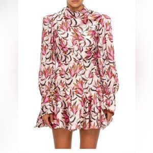 Acler Pink, Cream & Brown Floral Long-Sleeve Ruffle Mini Dress